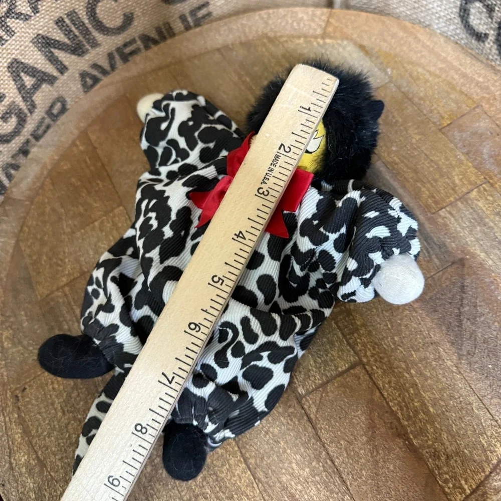 Vintage Porcelain Head Cat Clown Doll Leopard Print Body Fur Trim Red Bow